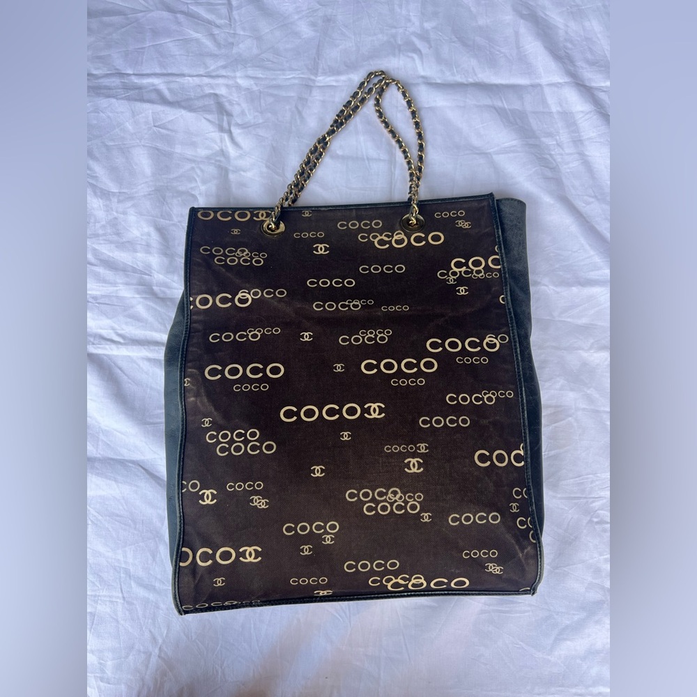 Chanel CC Tote Bag Chain Shoulder Handbag Canvas Black 2002 Coco Tote Bag